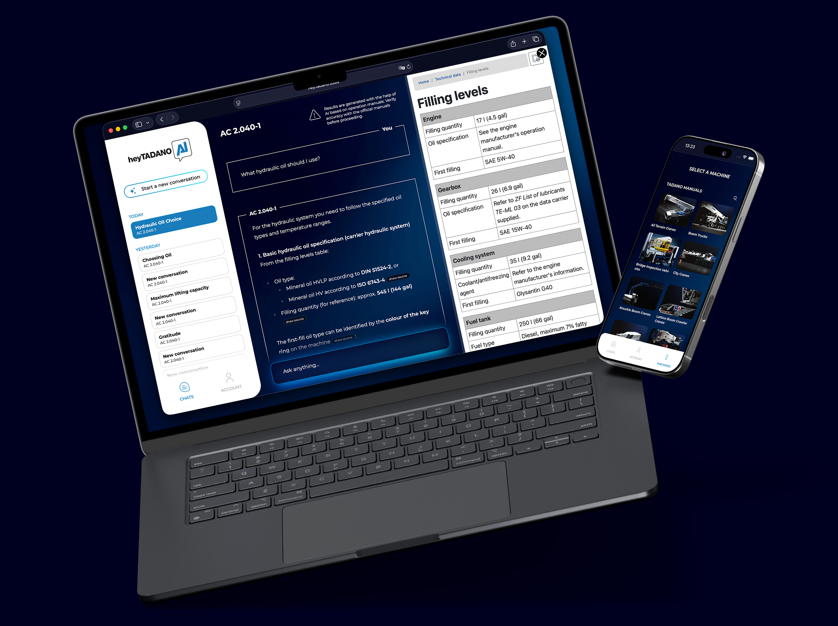 Hey TADANO interface showing a chat conversation about hydraulic oil specifications on a laptop and mobile device